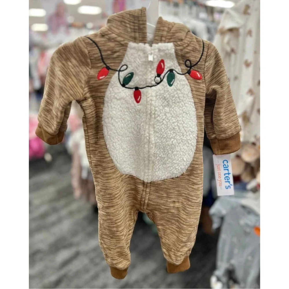 NWT Carter's Festive Reindeer Hooded Footie Size New Born